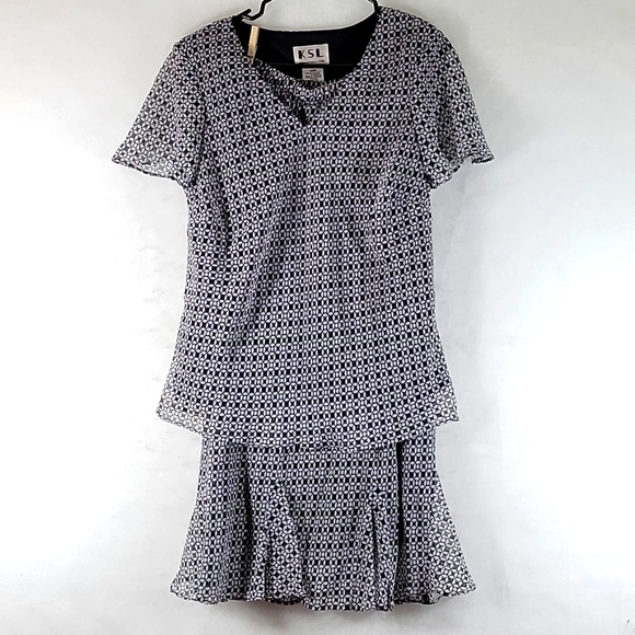 KSL Chiffon Skirt & Blouse 2PC Geometric Black & White Size 14WP - Picture 1 of 10